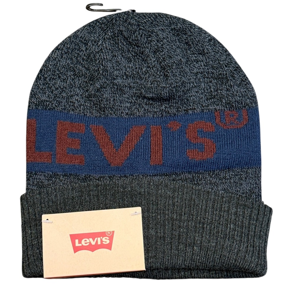 Levi's Beanie Mens OS Charcoal New Knit Cuffed Logo‎ Hat 45LP050047